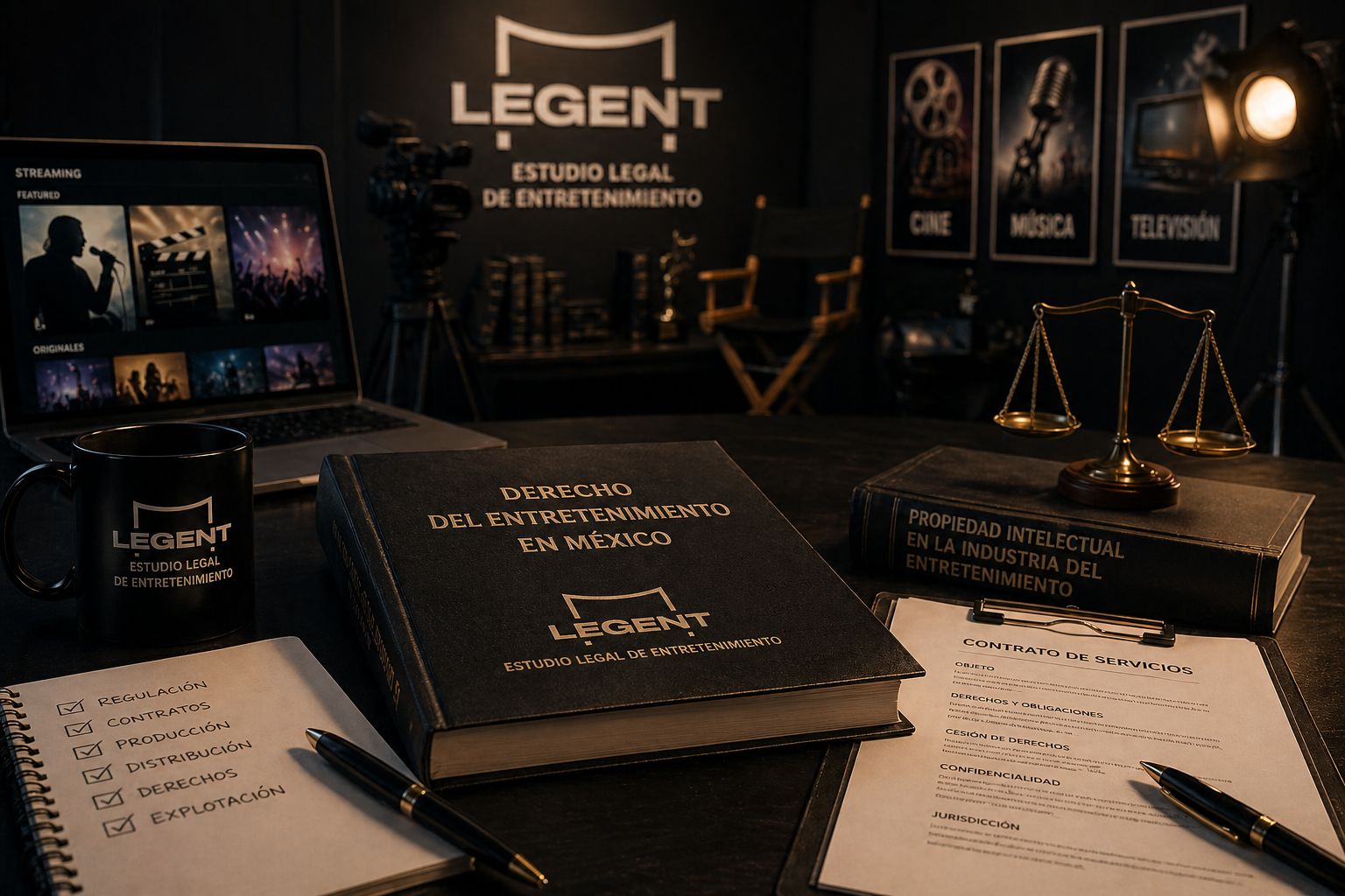 Derecho del entretenimiento en México con elementos legales, contratos y medios audiovisuales en entorno profesional