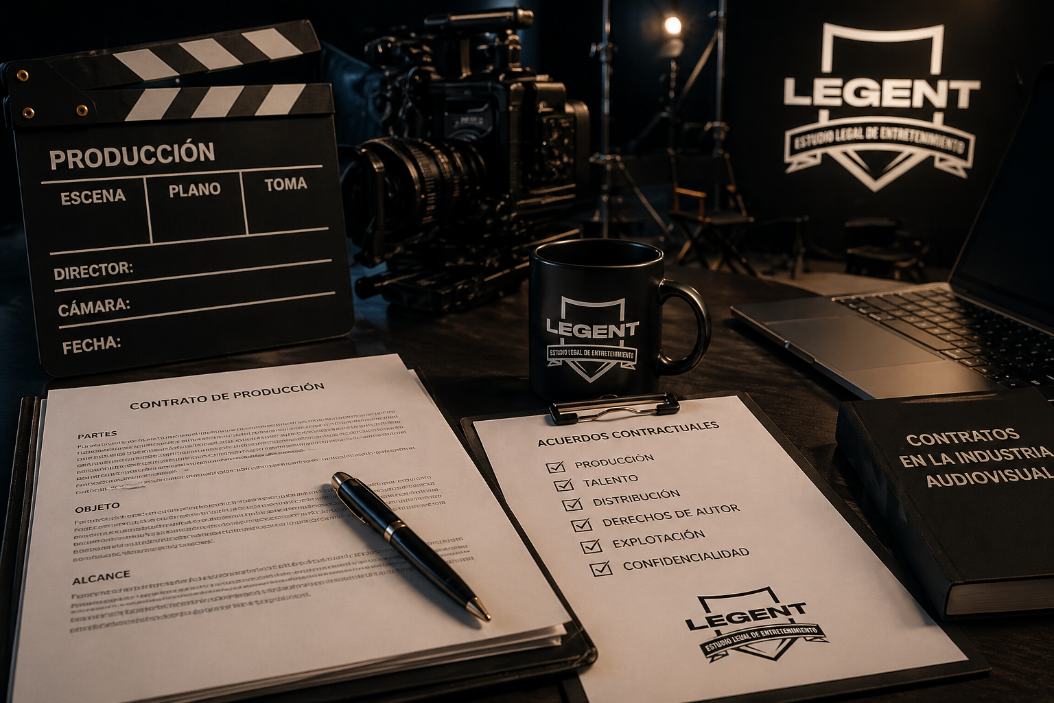 Asesoría legal en contratos y producción audiovisual en México con documentos, claqueta y equipo de filmación