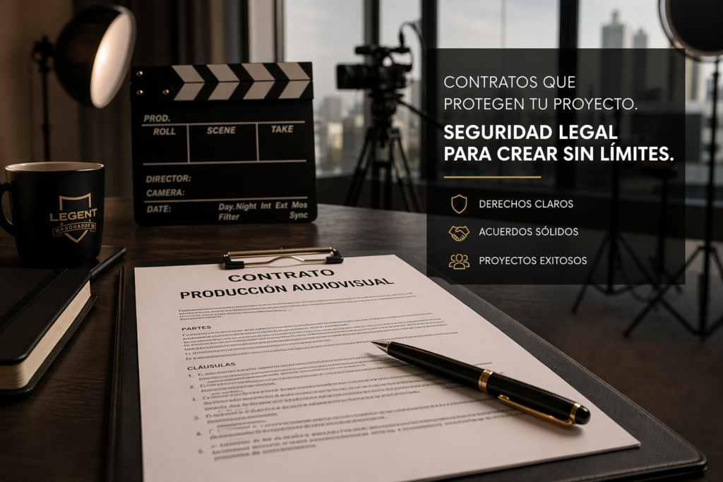 Contratos de producción audiovisual en México con equipo de filmación y documento legal en entorno profesional