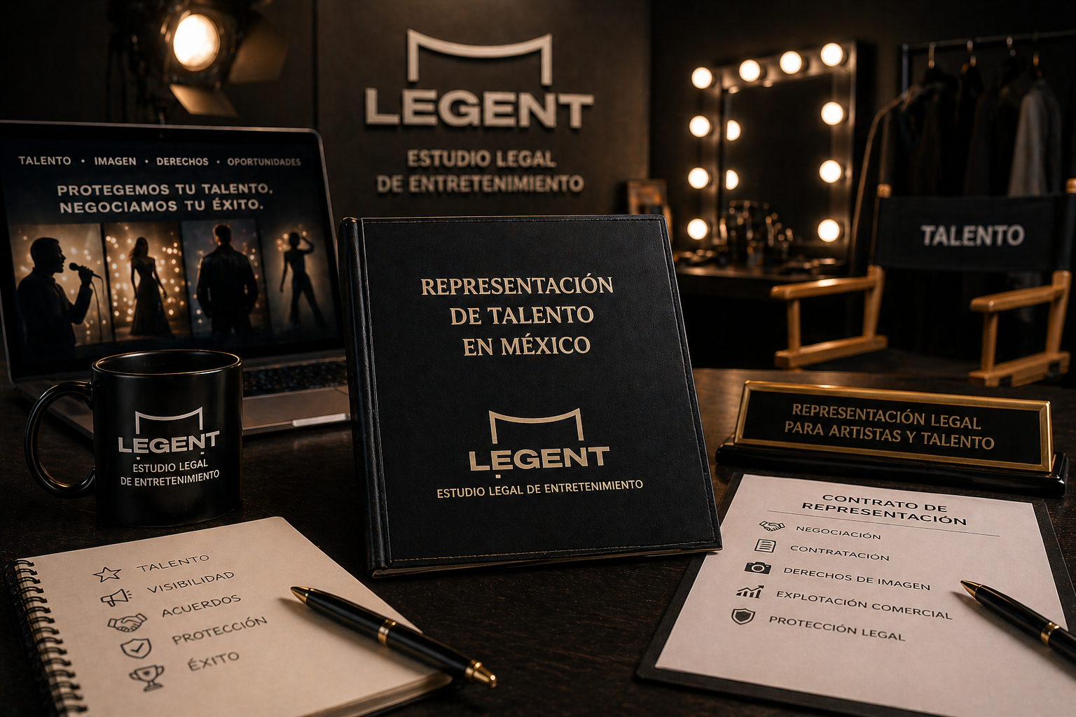 Representación de talento en México con contratos, gestión de imagen y entorno profesional de la industria del entretenimiento