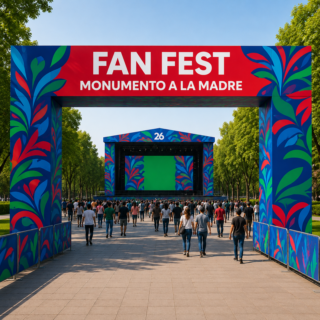 Fan Fest de fútbol con pantalla gigante y asistentes reunidos para vivir la experiencia del Mundial 2026 en un espacio público de visualización colectiva.