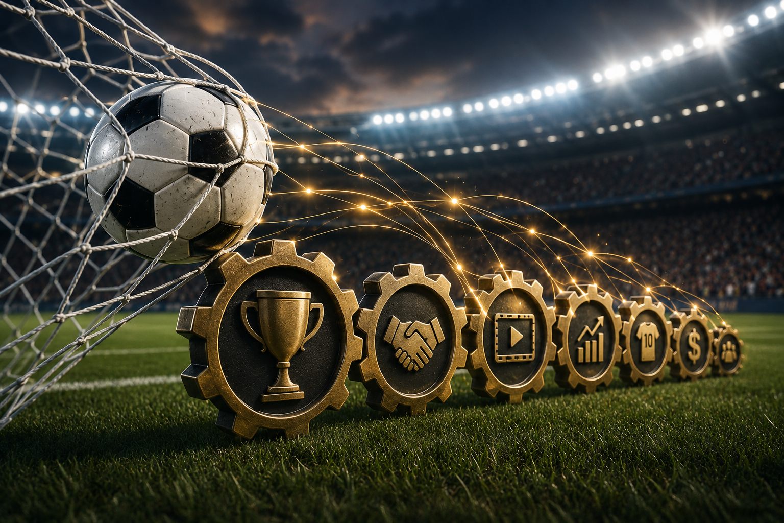 Balón entrando a la portería en un estadio de fútbol, conectado mediante engranes e íconos que representan la cadena de valor que un gol activa en la industria del deporte y el entretenimiento, incluyendo premios FIFA, contratos, patrocinios, derechos audiovisuales y valor de mercado.