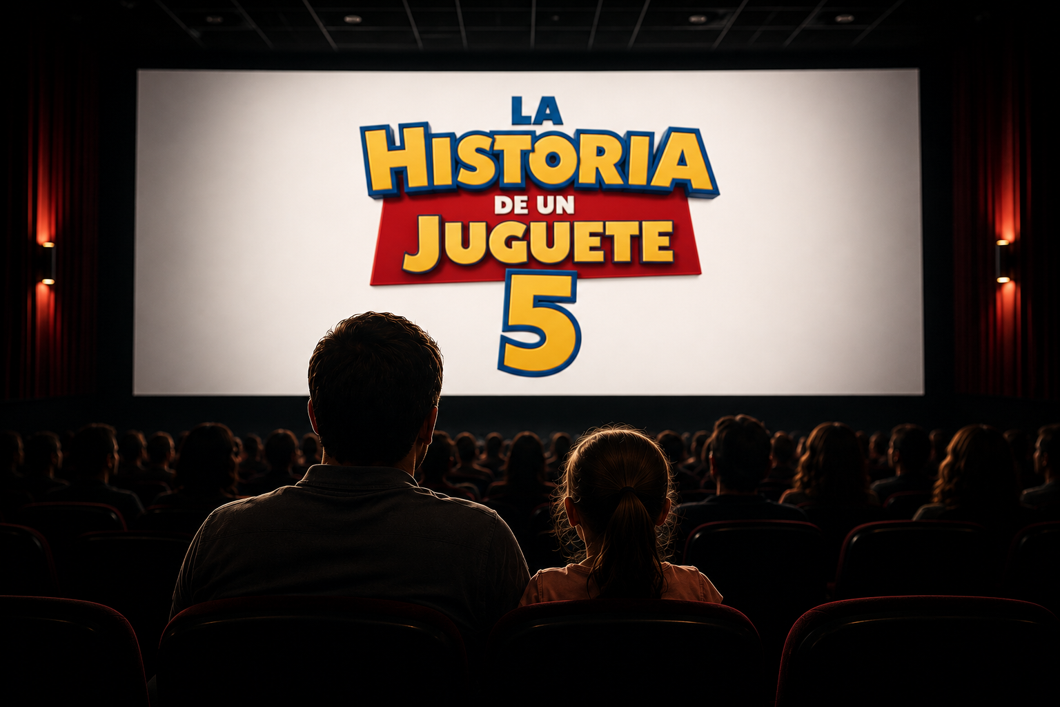 Padre e hija observan una pantalla de cine con la leyenda "Toy Story 5", ilustrando cómo una franquicia puede generar valor económico durante décadas mediante la protección y explotación de activos de propiedad intelectual.